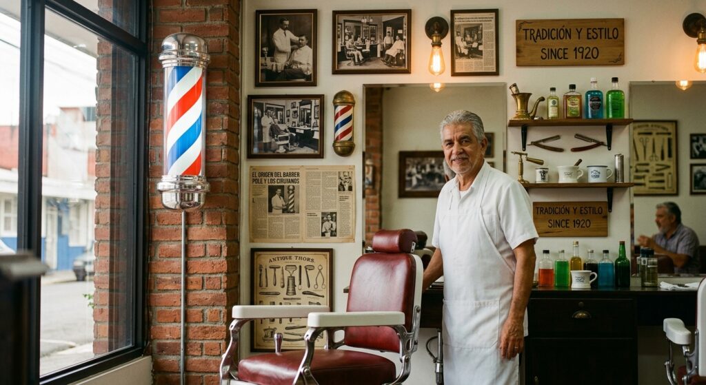 Barbero en barberia tradicional vintage con poste de barberia rojo azul y blanco